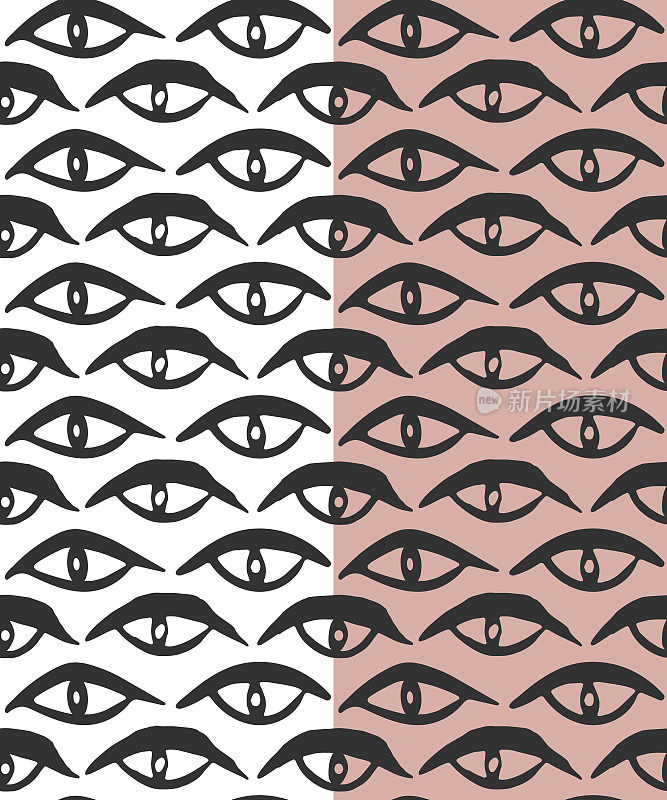 Eyes seamless pattern, black ink brush stroke. Free painted doodle style, abstract graphic illustration. White, pink easy editable background. Vector